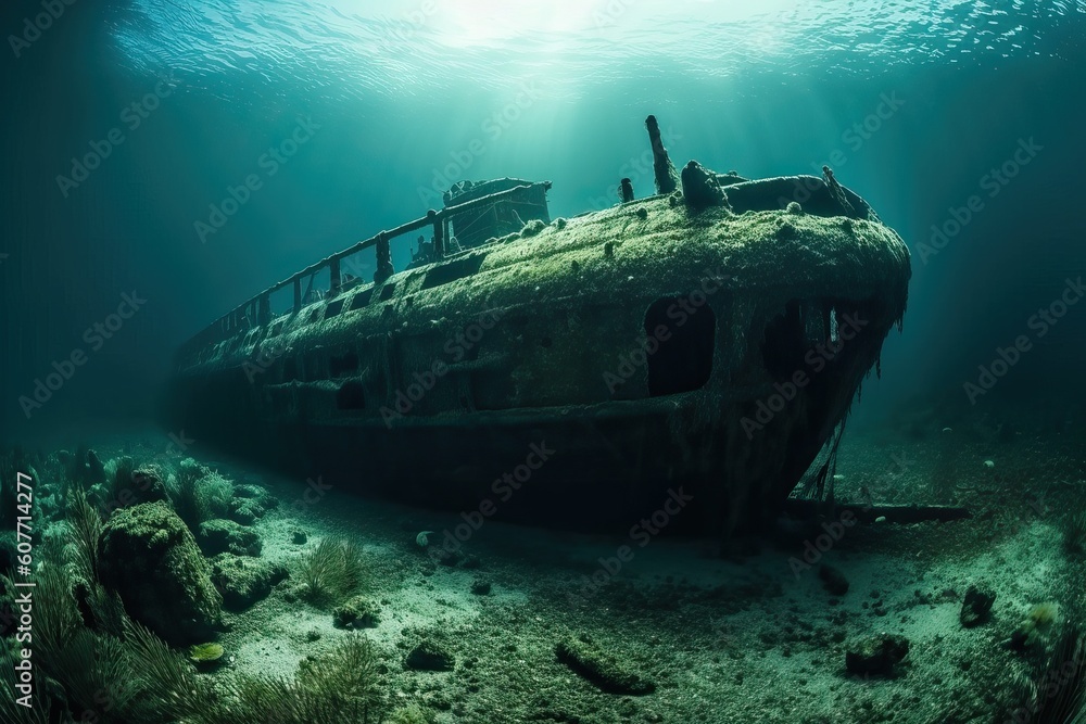 A sunken ship under water is covered with rust and algae, generative AI.