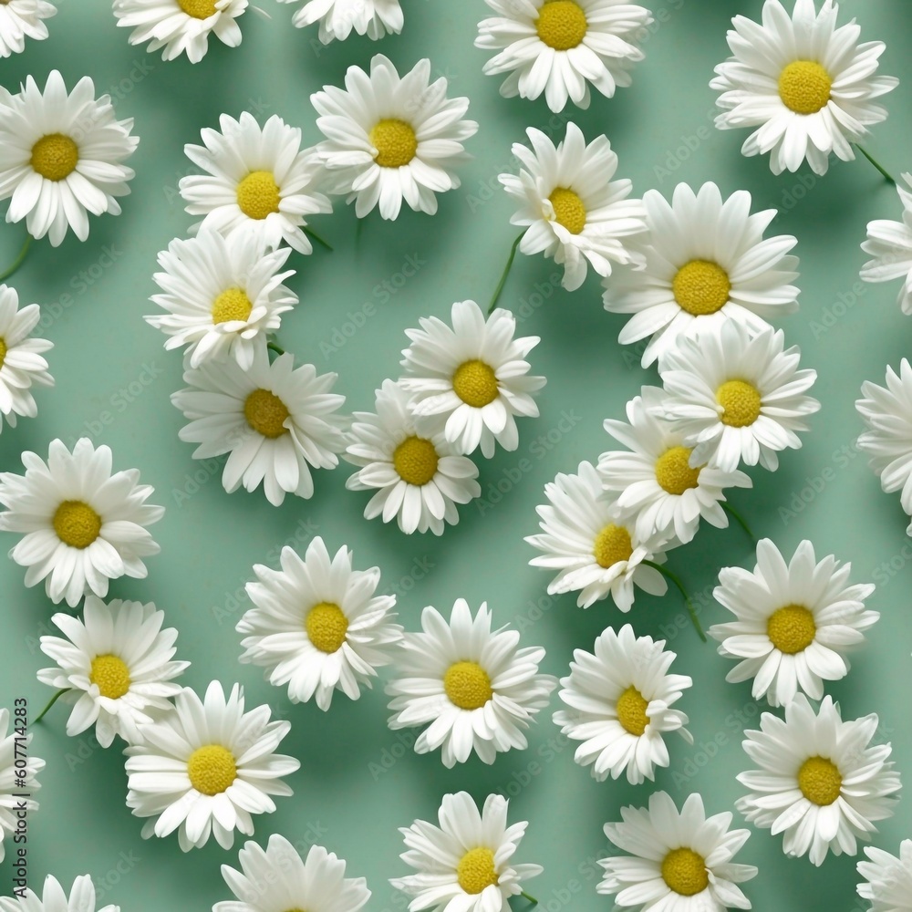 Chamomile pattern on a gentle green background. White daisies background. Realistic chamomile print. Wild field flowers. White flowers pattern. Floral background. Generative ai.