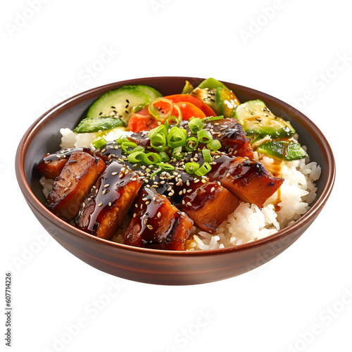 Teriyaki Salmon rice Bowl traditional bowl shot with dslr