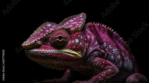 front view  Close-up of a purple-glowing pink chameleon looking at the camera from side angle on the black background