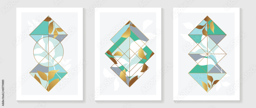 Abstract geometric wall art background vector. Set of modern wall decoration with shapes, circle, square, leaf, lines, gold, marble texture. Trendy wallpaper illustration for interior, print, cover. Abstract geometric wall art background vector. Set of modern wall decoration with shapes, circle, square, leaf, lines, gold, marble texture. Trendy wallpaper illustration for interior, print, cover.