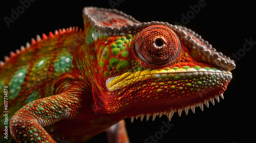 Close-up of a purple-red-blue-green chameleon looking at the camera from side angle on the black background