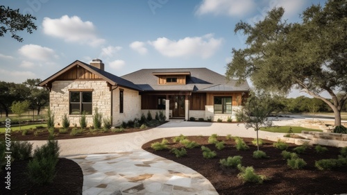 Home architecture design in Ranch Style with Garage constructed by Brick, wood trim, asphalt roof material. Single-story design with a low-pitched roof. Generative AI AIG25 .
