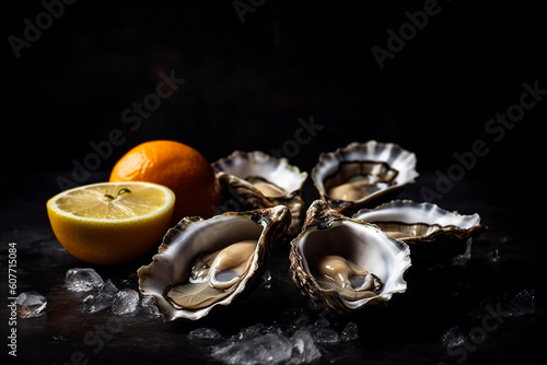 Fresh and Delectable Open Oysters on a Platter with lemon, ice. Fresh seafood. AI generated.