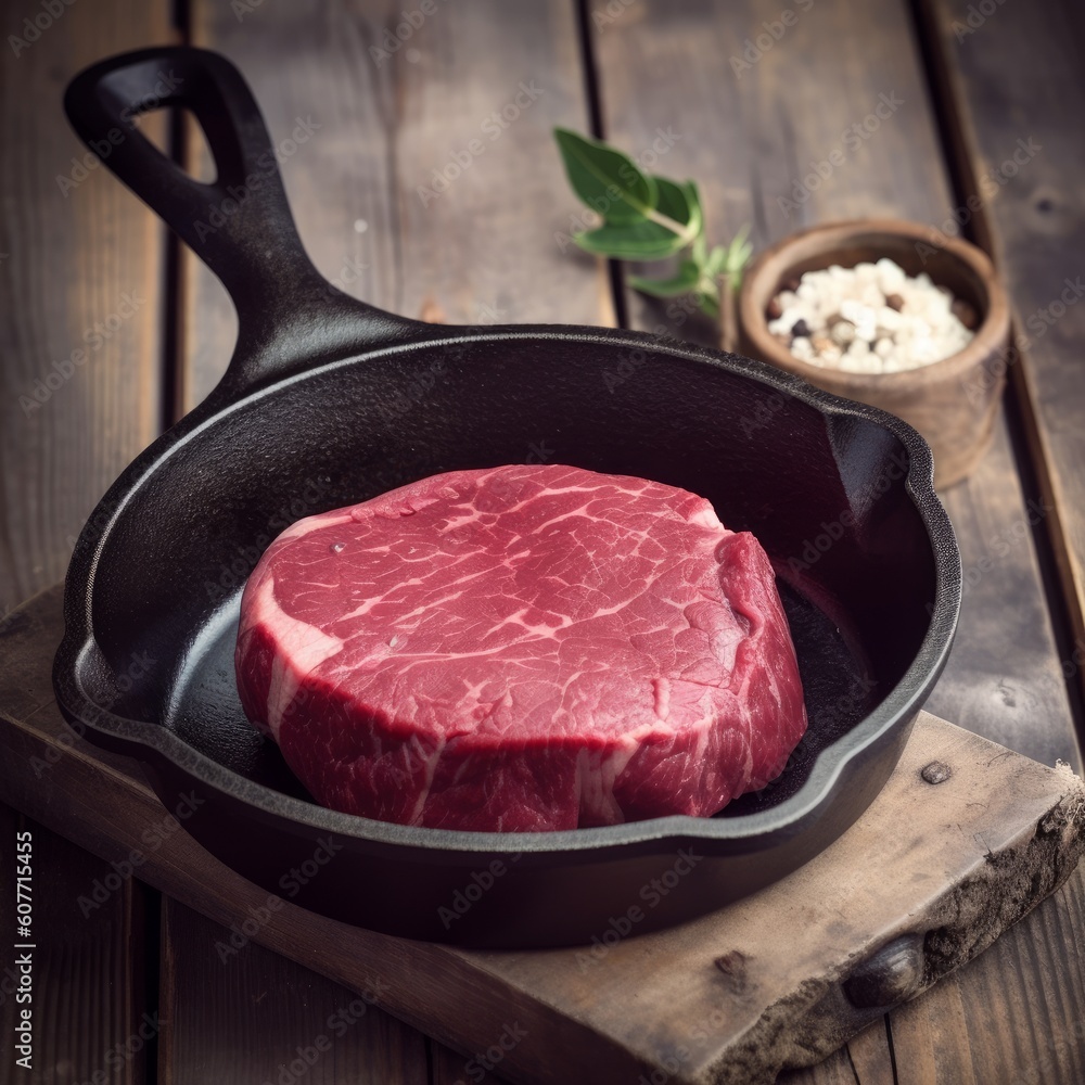 Fresh raw beef fillet mignon in a pan, Generative ai Fresh raw beef fillet mignon in a pan, Generative ai