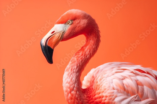 Pink flamingo, close up portrait on bright background. AI generated