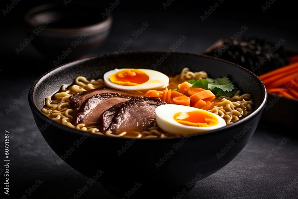 Ramen - asian noodle in broth with beef meat, mushroom and boiled eggs. AI generated. Ramen - asian noodle in broth with beef meat, mushroom and boiled eggs. AI generated.