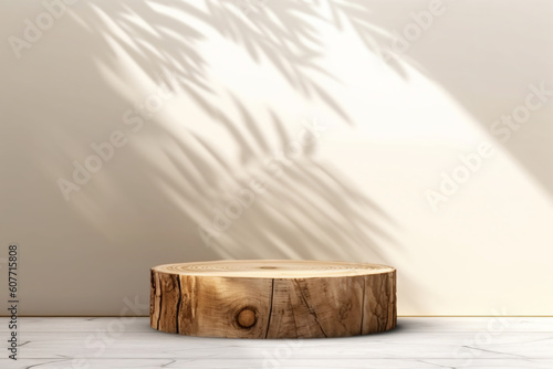 Photo Minimal natural wood podium with green palm leaf with sunlight background