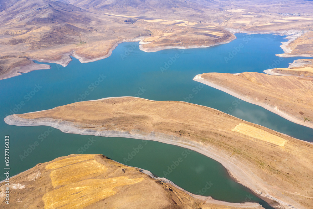 Drone view of Spandarian reservoir on sunny autumn day. Syunik Province, Armenia.
