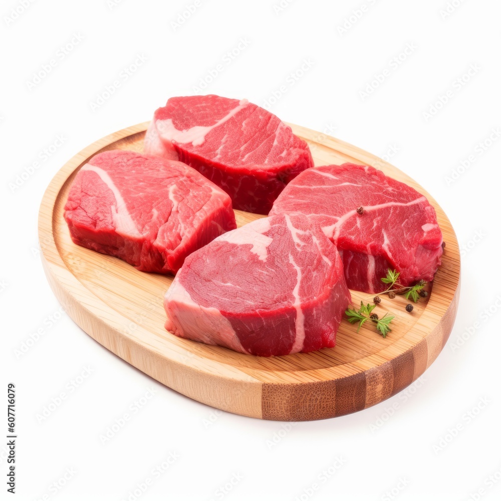 Fresh raw beef meat steak slices on wooden cutting plate, Generative ai