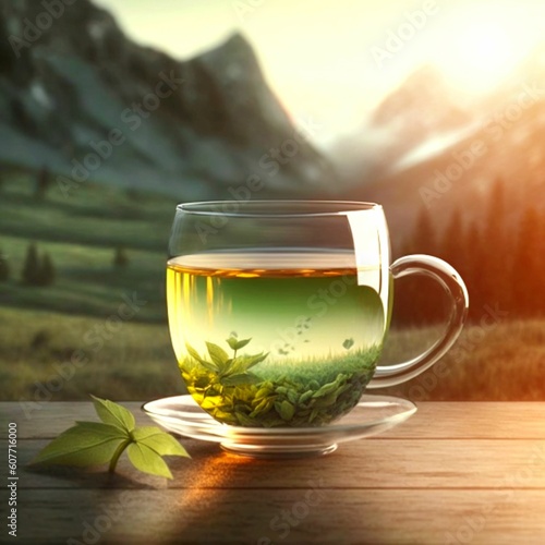 Wallpaper Mural Green tea in a transparent glass cup containing a plant, created with generative AI technology Torontodigital.ca