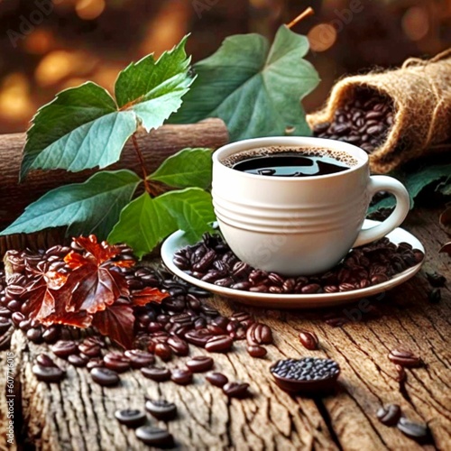 Wallpaper Mural Black coffee in a white cup with scattered coffee beans and plant leaves on a wooden table, created with generative AI technology Torontodigital.ca