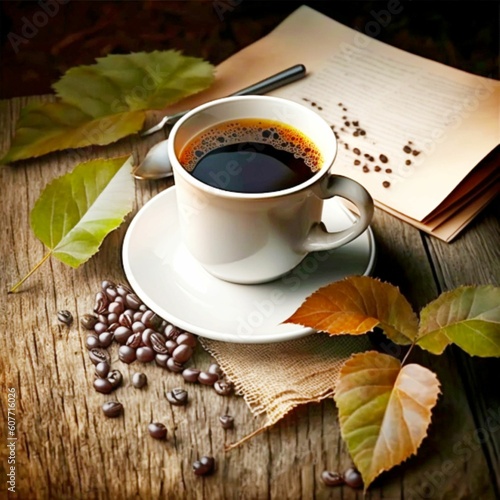 Wallpaper Mural Black coffee in a white cup with scattered coffee beans and plant leaves on a wooden table, created with generative AI technology Torontodigital.ca