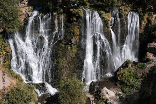 Long exposure shot of Shaki waterfall on sunny summer day. Syunik Province  Armenia.