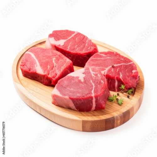 Fresh raw beef meat steak slices on wooden cutting plate, Generative ai