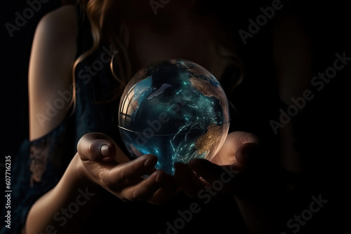 A man in his hands holds a mockup of the planet earth on a black background, the concept of saving ecology on the planet for life, generative AI.
