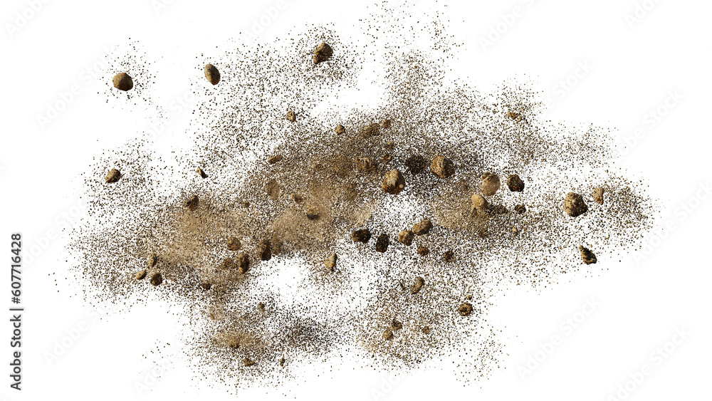 falling debris with dust cloud, isolated on transparent background