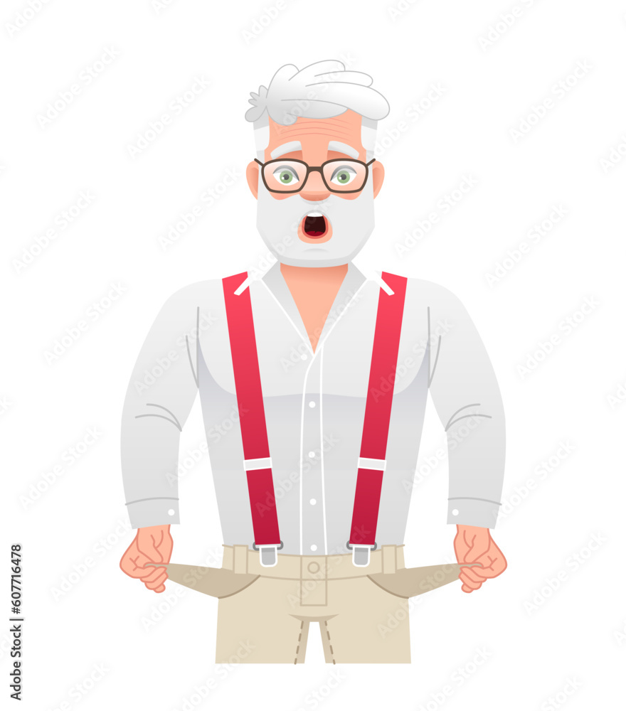 A grandfather with his pockets turned out. No money. An old gray-haired man with glasses with empty pockets. A grandfather with his pockets turned out. No money. An old gray-haired man with glasses with empty pockets.