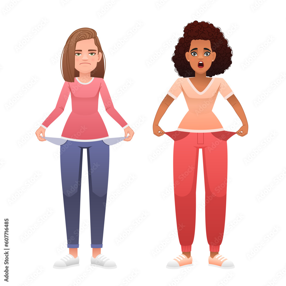 A set of a woman without money. No money. A young beautiful white girl with her pockets turned out. Black African girl with empty pockets. A set of a woman without money. No money. A young beautiful white girl with her pockets turned out. Black African girl with empty pockets.