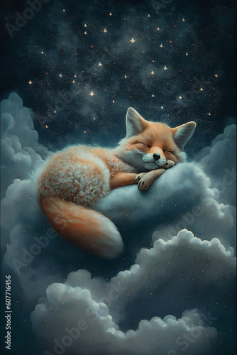 baby fox sleeping on the cloud Generative AI © Ralf