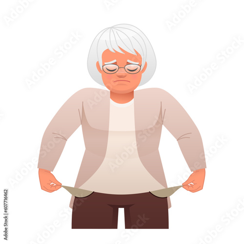No money. An old gray-haired grandmother with her pockets turned out. An elderly woman with empty pockets.