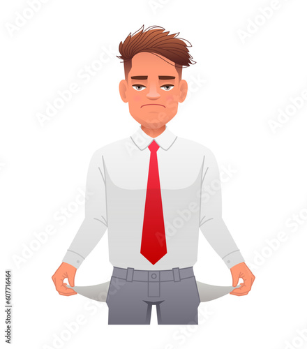 A man with empty pockets. A boy without money. No money. A guy with his pockets turned out.