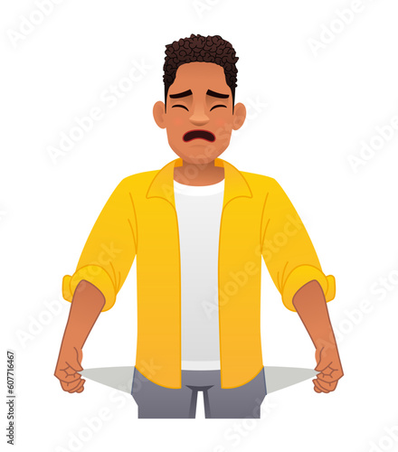 Black African man with empty pockets. A boy without money. No money. The guy is crying with his pockets turned out.