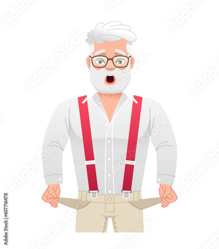 A grandfather with his pockets turned out. No money. An old gray-haired man with glasses with empty pockets.