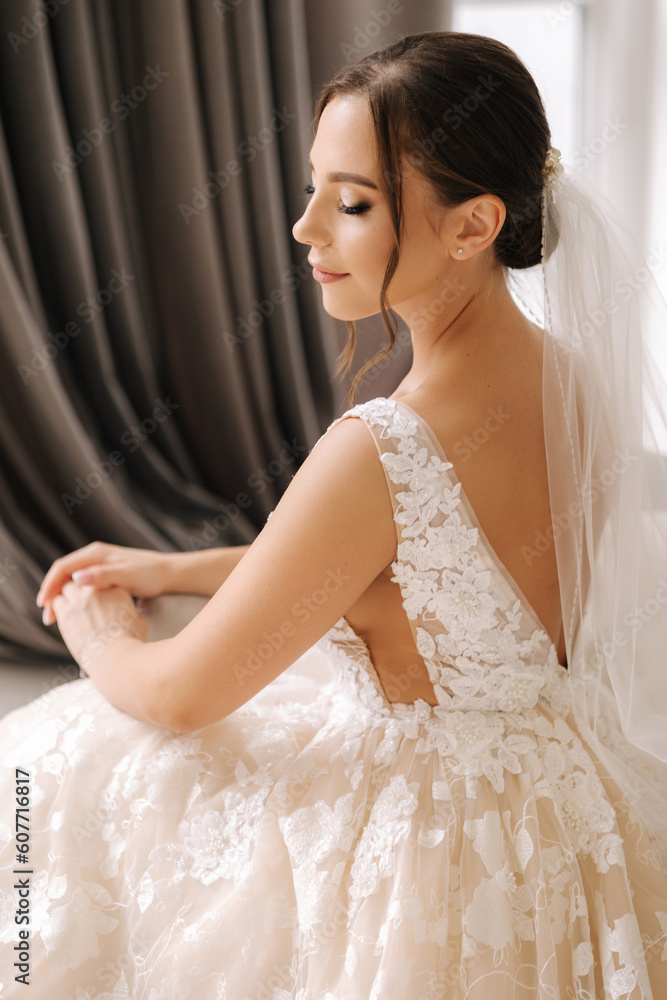 Side view of beautiful bride in elegant wedding dress. Gorgeous make up and hairstyle Side view of beautiful bride in elegant wedding dress. Gorgeous make up and hairstyle