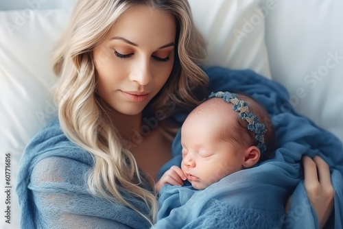 Woman holding adorable baby wrapped in blue blanket. Generative AI