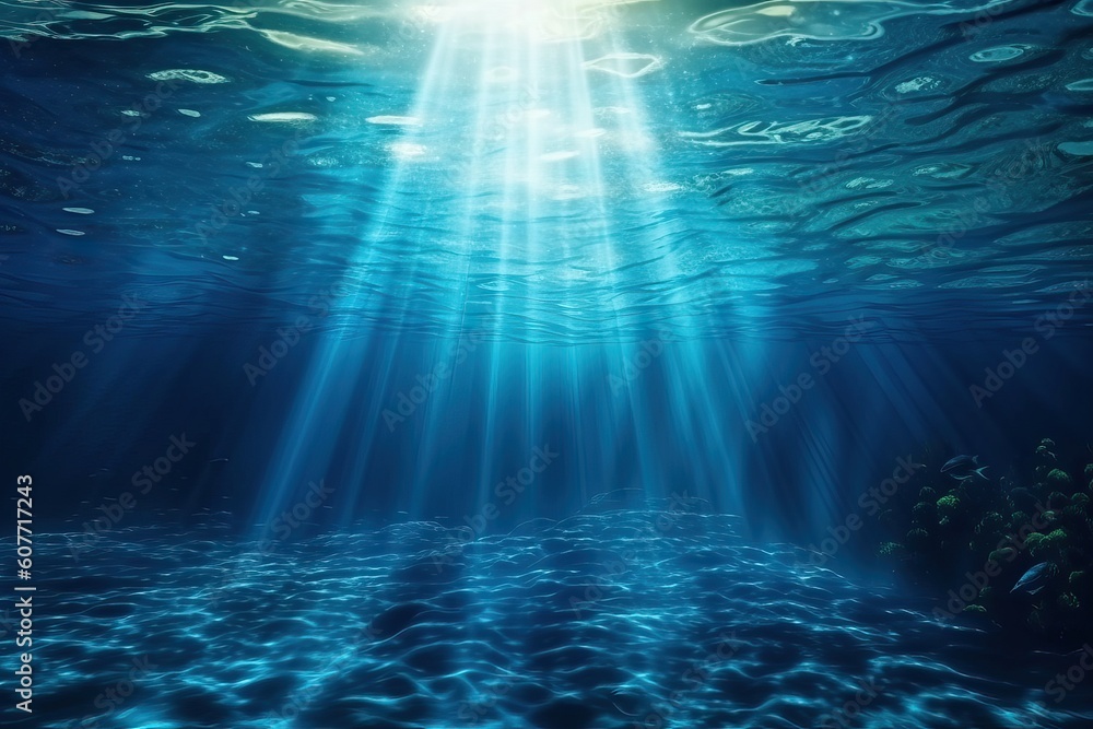 Seabed and bright direct sunlight underwater, generative AI. Seabed and bright direct sunlight underwater, generative AI.