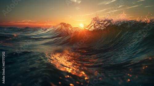Ocean wave in the sunset. Generative Ai