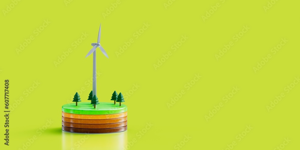 Obraz premium stylized wind turbine green energy 3D computer generated image isolated on green with copy space