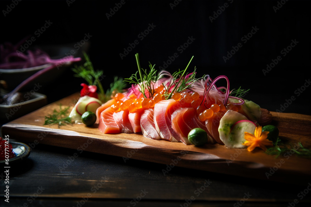Freshly Sliced Raw Fish Sashimi. Sliced raw fish, salmon, tuna yellowtail. Japanese cuisine. AI generated. Freshly Sliced Raw Fish Sashimi. Sliced raw fish, salmon, tuna yellowtail. Japanese cuisine. AI generated.