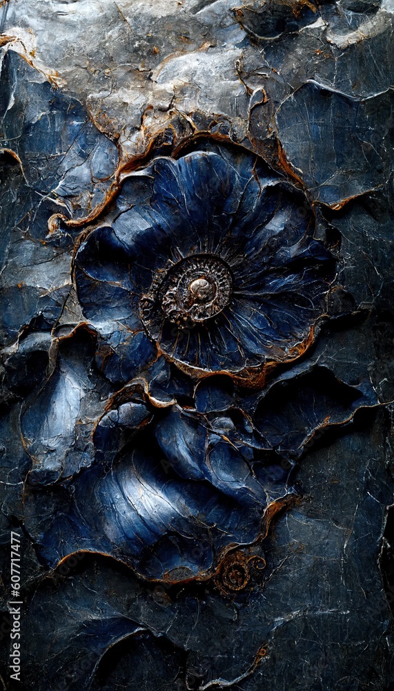 Fossilized ammonite sea shell spirals embedded into dark cobalt blue slate rock. Prehistoric layered and ridged stone texture with detailed surface patterns - generative ai Fossilized ammonite sea shell spirals embedded into dark cobalt blue slate rock. Prehistoric layered and ridged stone texture with detailed surface patterns - generative ai