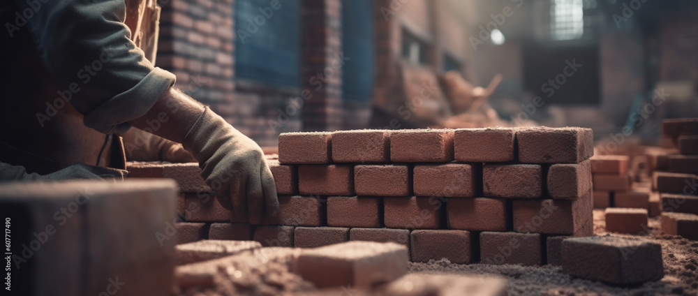 Worker installing bricks on construction site. Generative Ai