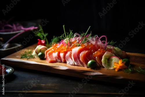 Freshly Sliced Raw Fish Sashimi. Sliced raw fish, salmon, tuna yellowtail. Japanese cuisine. AI generated.