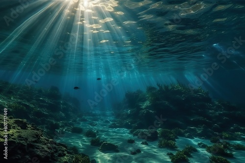 Seabed and bright direct sunlight underwater, generative AI. © Niko_Dali