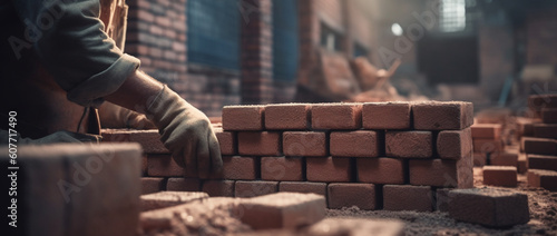 Worker installing bricks on construction site. Generative Ai
