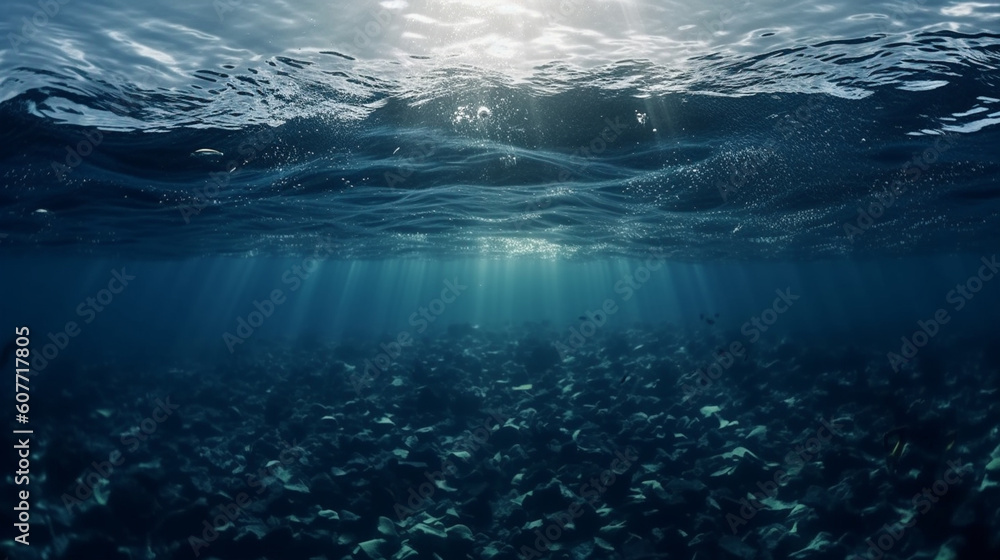 Fototapeta premium Underwater view with a sunlights. Generative Ai