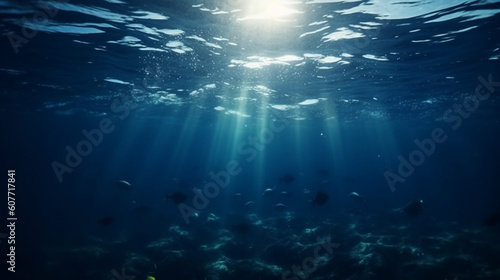 Underwater view with a sunlights. Generative Ai