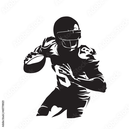 American football player throws ball, isolated vector silhouette, ink drawing, team sport ahtlete
