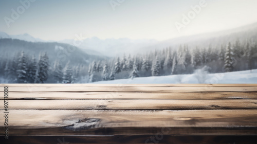 An empty wooden counter table top for product display showcase stage in snowy mountain with a forest of fir trees background. Generative AI © Mickael