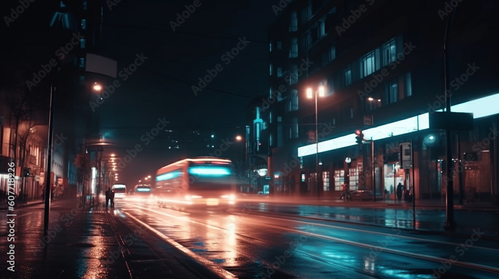 Traffic lights in the night city. Generative Ai