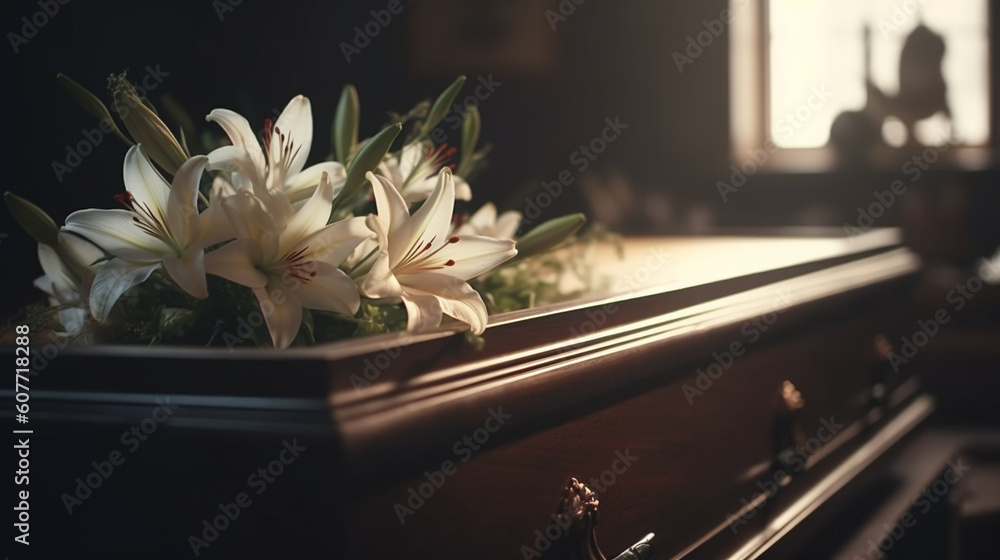 Naklejka premium Flowers on a coffin in the funeral services. Generative Ai