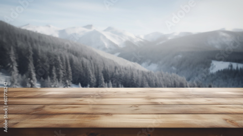 An empty wooden counter table top for product display showcase stage in snowy mountain with a forest of fir trees background. Generative AI