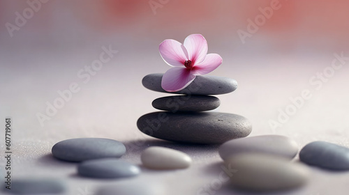 Spa stone with white flowers background. Stack of stones in calm water with lotus flower. Generative Ai