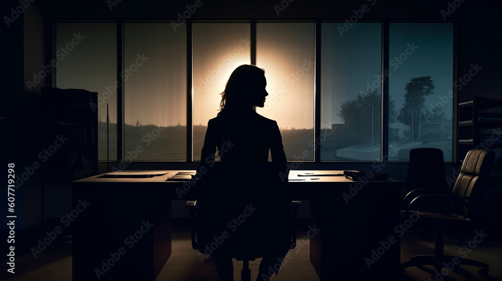 Silhouette of business woman in the office. Generative Ai
