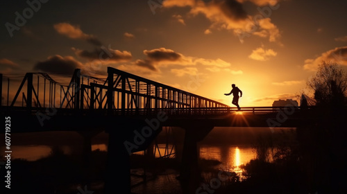 Silhouette of human on bridge. Generative Ai
