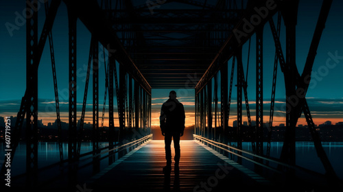 Silhouette of human on bridge. Generative Ai